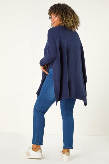 Roman Midnight Blue Curve High Neck Cable Knit Poncho