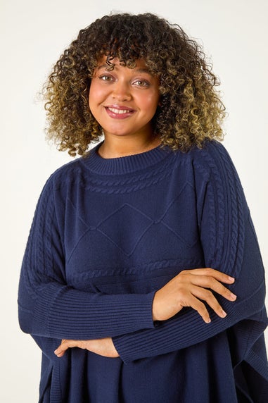 Roman Midnight Blue Curve High Neck Cable Knit Poncho