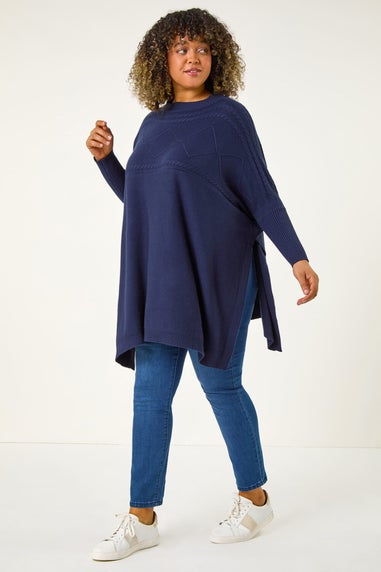 Roman Midnight Blue Curve High Neck Cable Knit Poncho