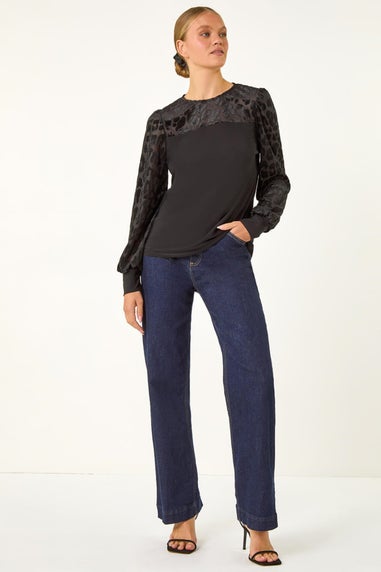 Roman Black Animal Print Velvet Puff Sleeve Jersey Top