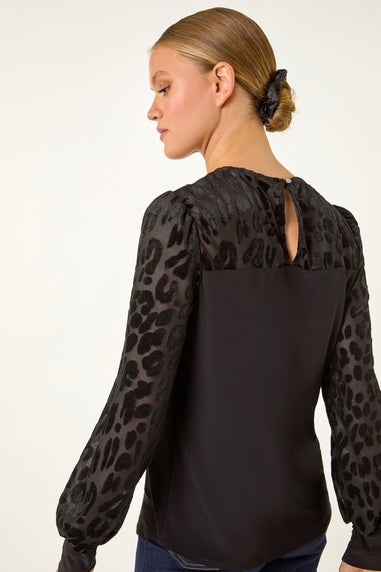 Roman Black Animal Print Velvet Puff Sleeve Jersey Top