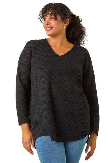 Roman Black Curve V-Neck Crotchet Knit Top