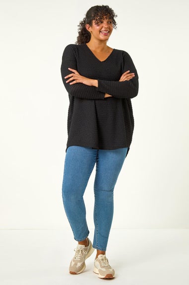 Roman Black Curve V-Neck Crotchet Knit Top