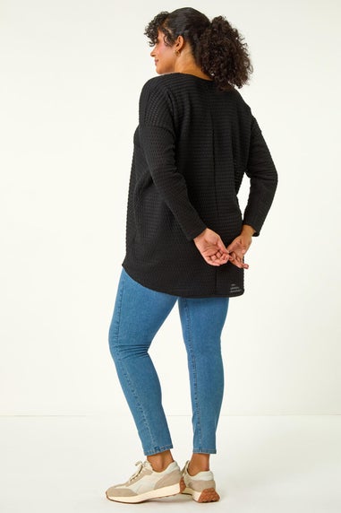 Roman Black Curve V-Neck Crotchet Knit Top