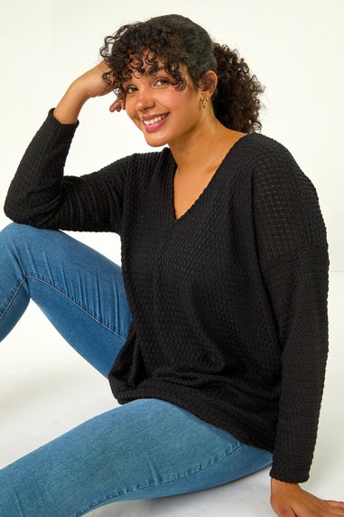 Roman Black Curve V-Neck Crotchet Knit Top