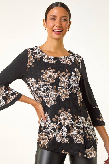 Roman Tan Floral Print Lace Asymmetric Hem Top