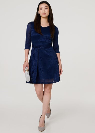 Izabel London Blue Lace Layer Tie Waist Short Skater Dress