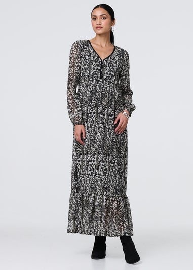 Izabel London Black Leaf Print Long Sleeve Relaxed Maxi Dress