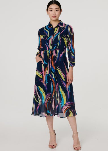 Izabel London Blue Abstract Tie Front Midi Shirt Dress