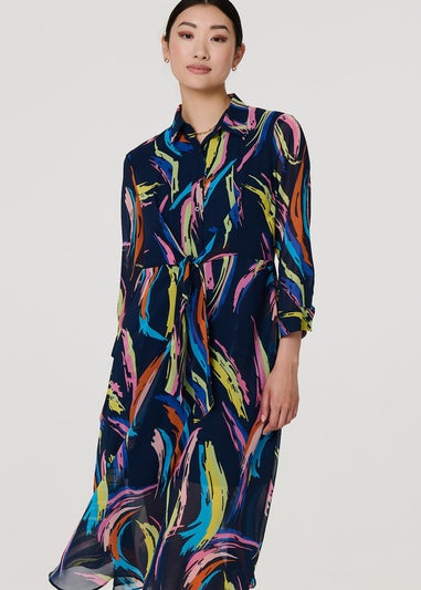 Izabel London Blue Abstract Tie Front Midi Shirt Dress