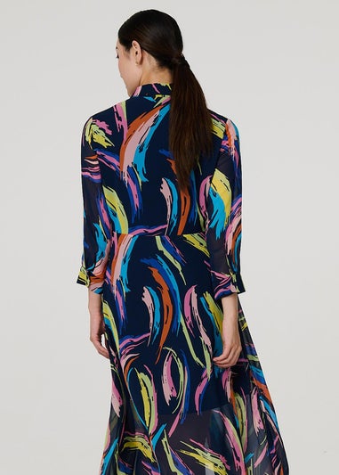 Izabel London Blue Abstract Tie Front Midi Shirt Dress