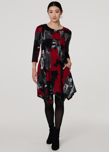 Izabel London Red Abstract Hanky Hem Midi Dress