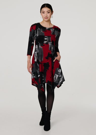 Izabel London Red Abstract Hanky Hem Midi Dress