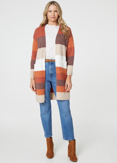 Izabel London Orange Striped Longline Pocket Front Cardigan