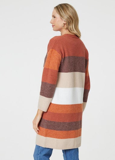 Izabel London Orange Striped Longline Pocket Front Cardigan