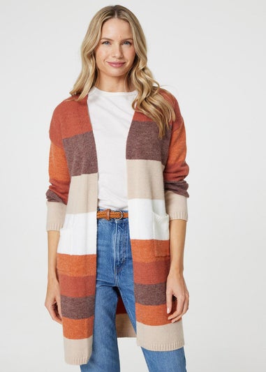 Izabel London Orange Striped Longline Pocket Front Cardigan