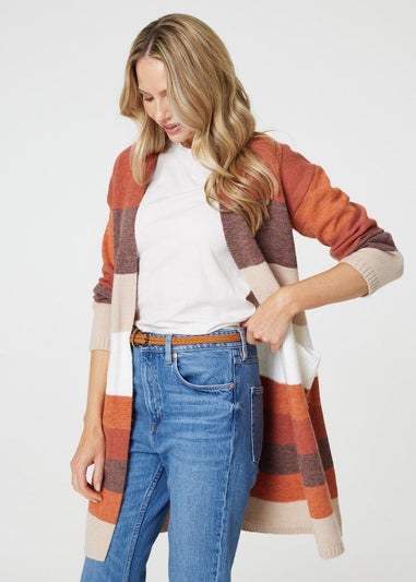 Izabel London Orange Striped Longline Pocket Front Cardigan