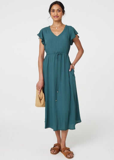 Izabel London Green Angel Sleeve Drawstring Waist Midi Dress