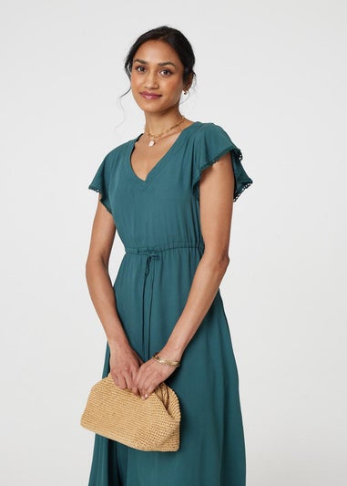 Izabel London Green Angel Sleeve Drawstring Waist Midi Dress