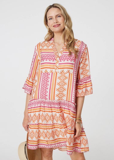 Izabel London Pink Aztec Print V-Neck Short Dress