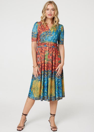 Izabel London Blue Printed Ruched Waist Faux Wrap Midi Dress