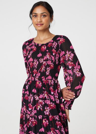 Izabel London Black Floral Semi Sheer Long Sleeve Midi Dress