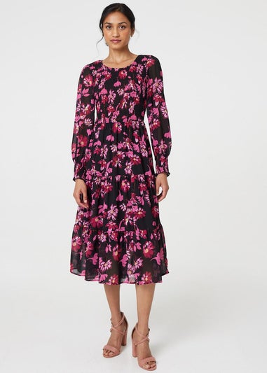 Izabel London Black Floral Semi Sheer Long Sleeve Midi Dress