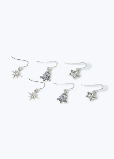 Muse 3 Pack Silver Christmas Classy Tree Earrings