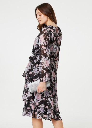 Izabel London Black Floral Semi Sheer Layered Hem Midi Dress