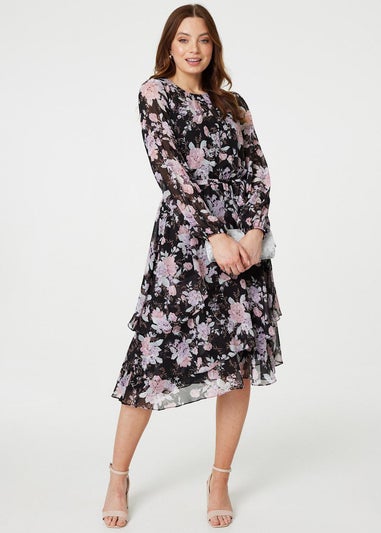 Izabel London Black Floral Semi Sheer Layered Hem Midi Dress