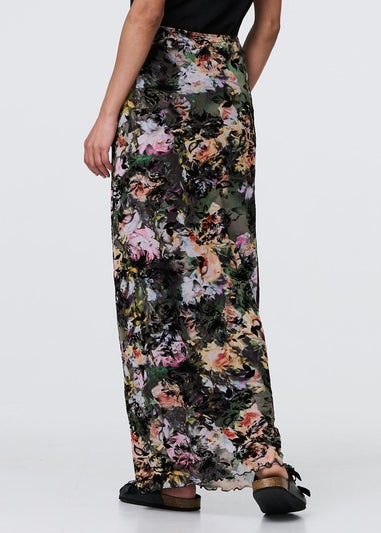 Izabel London Green Floral Mesh High Waist Straight Maxi Skirt