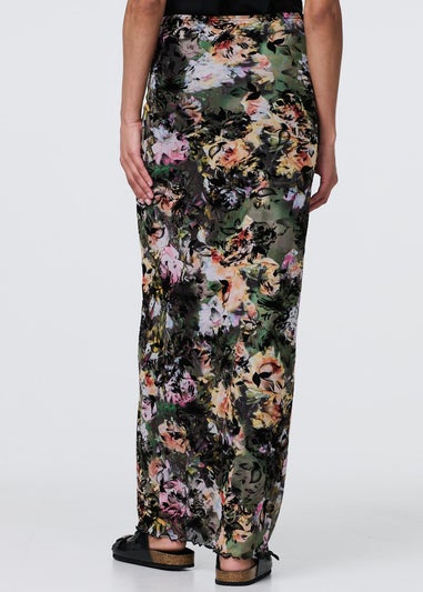 Izabel London Green Floral Mesh High Waist Straight Maxi Skirt