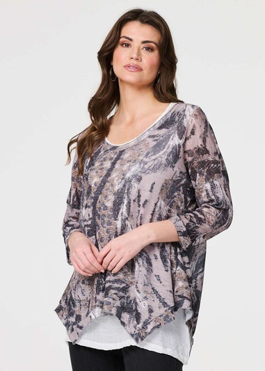 Izabel London Beige Animal Print Double Layer Relaxed Tunic Top