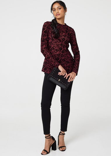 Izabel London Red Floral Mesh Layered Long Sleeve Peplum Top