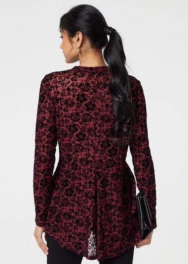 Izabel London Red Floral Mesh Layered Long Sleeve Peplum Top