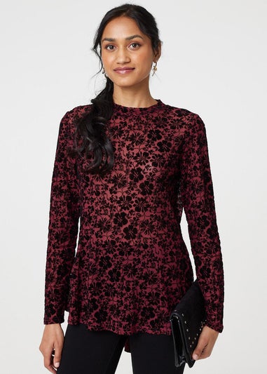 Izabel London Red Floral Mesh Layered Long Sleeve Peplum Top