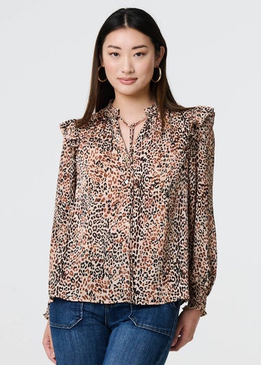 Izabel London Beige Animal Print Tie-Up Keyhole Neck Blouse