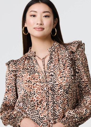 Izabel London Beige Animal Print Tie-Up Keyhole Neck Blouse