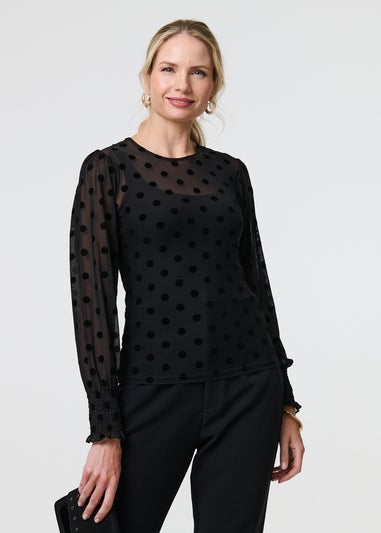 Izabel London Black Polka Dot Sheer Mesh Puff Sleeve Blouse