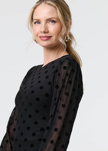 Izabel London Black Polka Dot Sheer Mesh Puff Sleeve Blouse