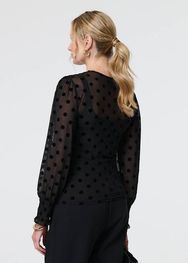 Izabel London Black Polka Dot Sheer Mesh Puff Sleeve Blouse