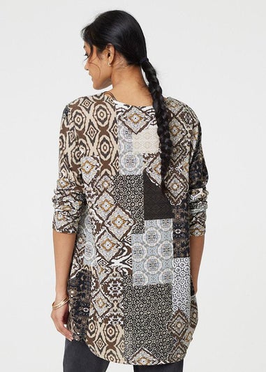 Izabel London Beige Patchwork Print Long Sleeve Scoop Neck Tunic