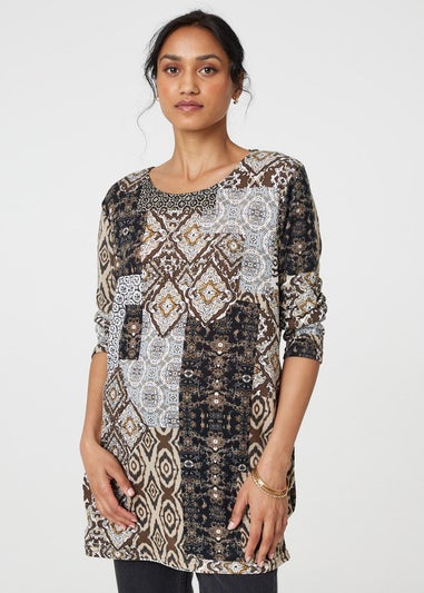 Izabel London Beige Patchwork Print Long Sleeve Scoop Neck Tunic