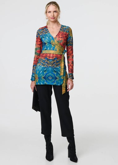 Izabel London Blue Printed Tie Waist Long Sleeve Wrap Tunic Top