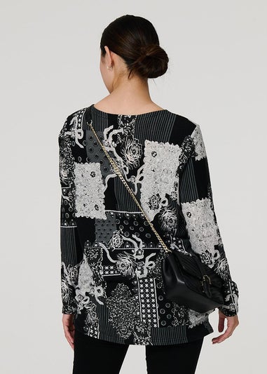 Izabel London Grey Patchwork Print Long Sleeve Tunic Top