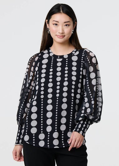 Izabel London Black Spotty Print Semi Sheer Puff Sleeve Blouse