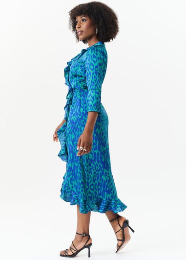 Gini London Green Animal Print Ruffle Wrap Dress