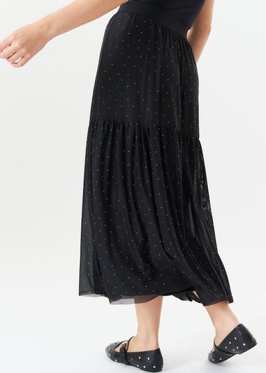 Gini London  Black Diamante Mesh Maxi Skirt