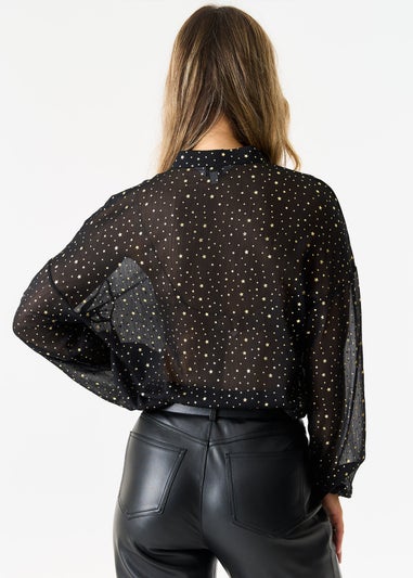 Gini London Black Star Print Button Through Blouse