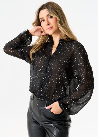 Gini London Black Star Print Button Through Blouse